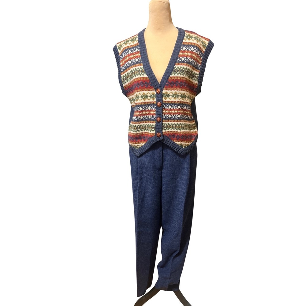 VTG Russ Women M Fair Isle Knit Vest Pant Outfit Blue Wool Blend V Neck Career